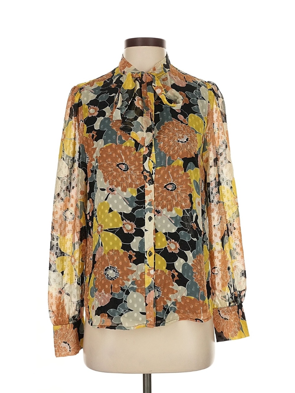 Mango Floral Tie-Neck Long-Sleeve Blouse - Yellow, Black & Rust